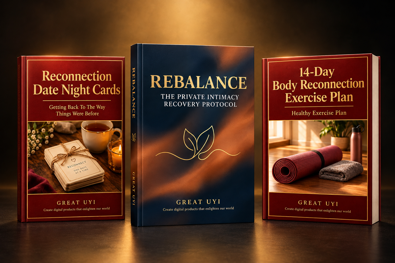The complete Rebalance bundle by Great Uyi — Rebalance guide with the Reconnection Date Night Cards and 14-Day Body Reconnection Exercise Plan bonuses